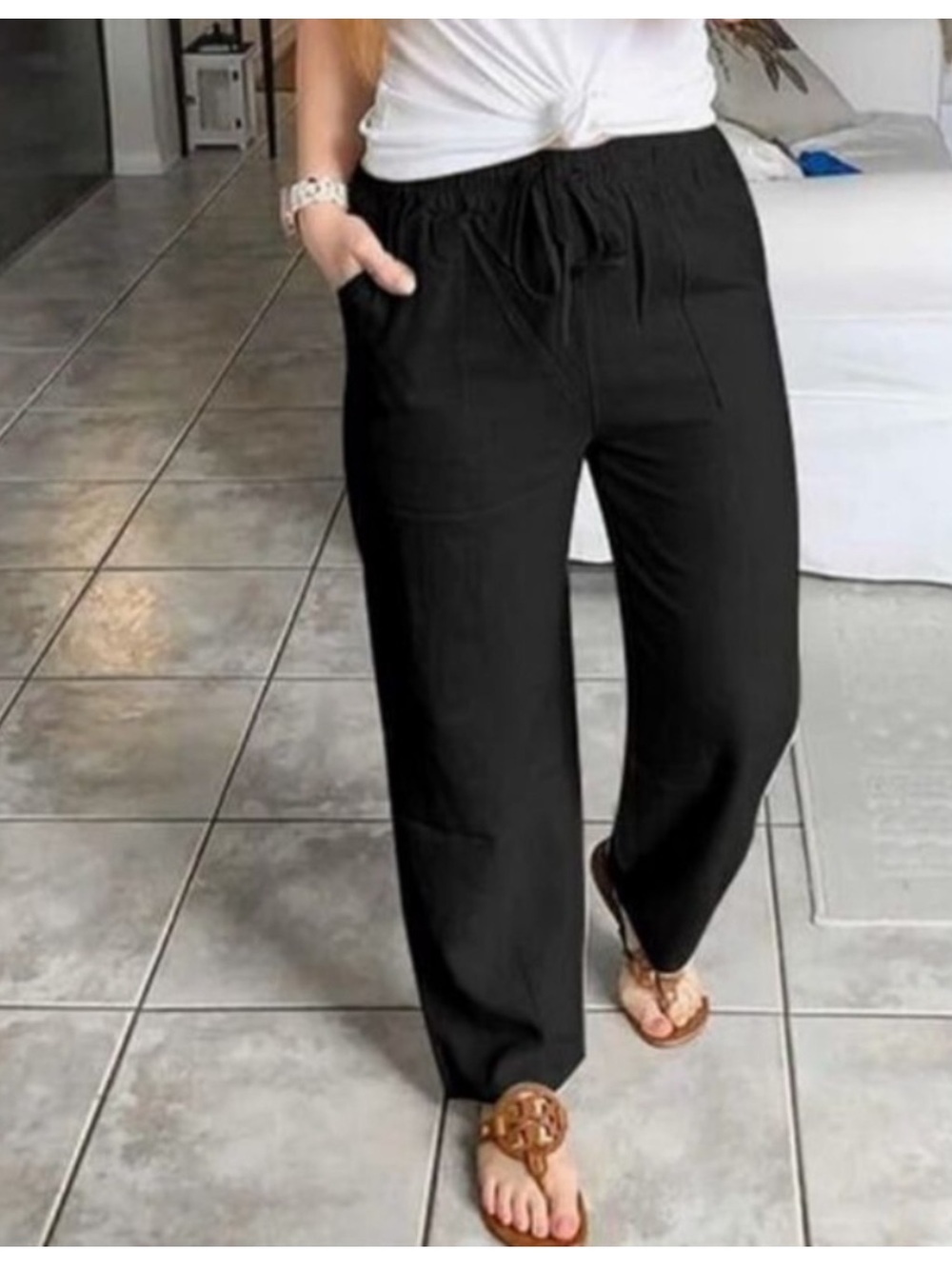 Meomua black elastic waist cropped wide leg pants size Medium Linen Cotton